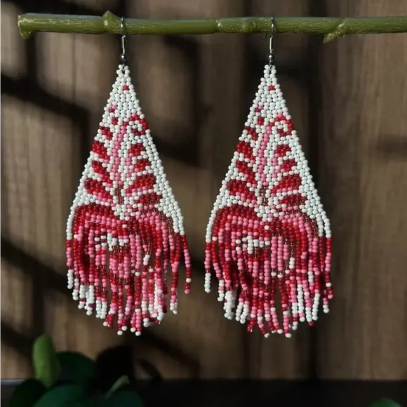 Red Floral Tassel Beaded Dangle Earrings - Picture 2 of 3